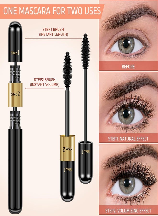 درمود ماسكارا سوداء لتكثيف وتطويل الرموش، عبوة من قطعتين، ماسكارا رموش بألياف حريرية رباعية الأبعاد، مقاومة للماء، تطيل الرموش 5 مرات وتمنحها كثافة وتجعيدًا، ماسكارا 2 في 1 مقاومة للتلطخ، تدوم طويلًا، تمنح الرموش كثافة ونعومة فائقة، مكياج مثالي للنساء - Image 4